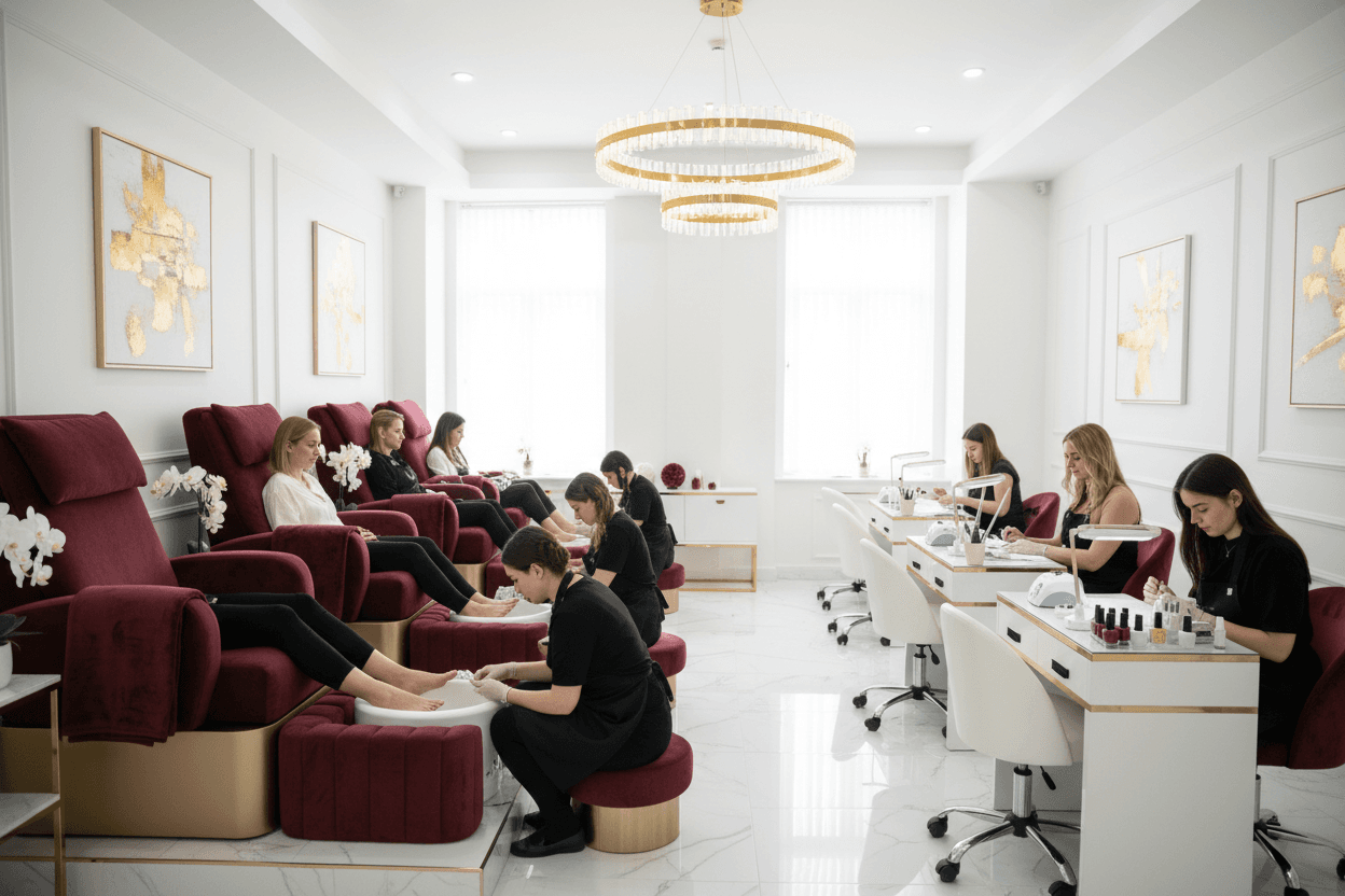 Students providing professional nail services to clients